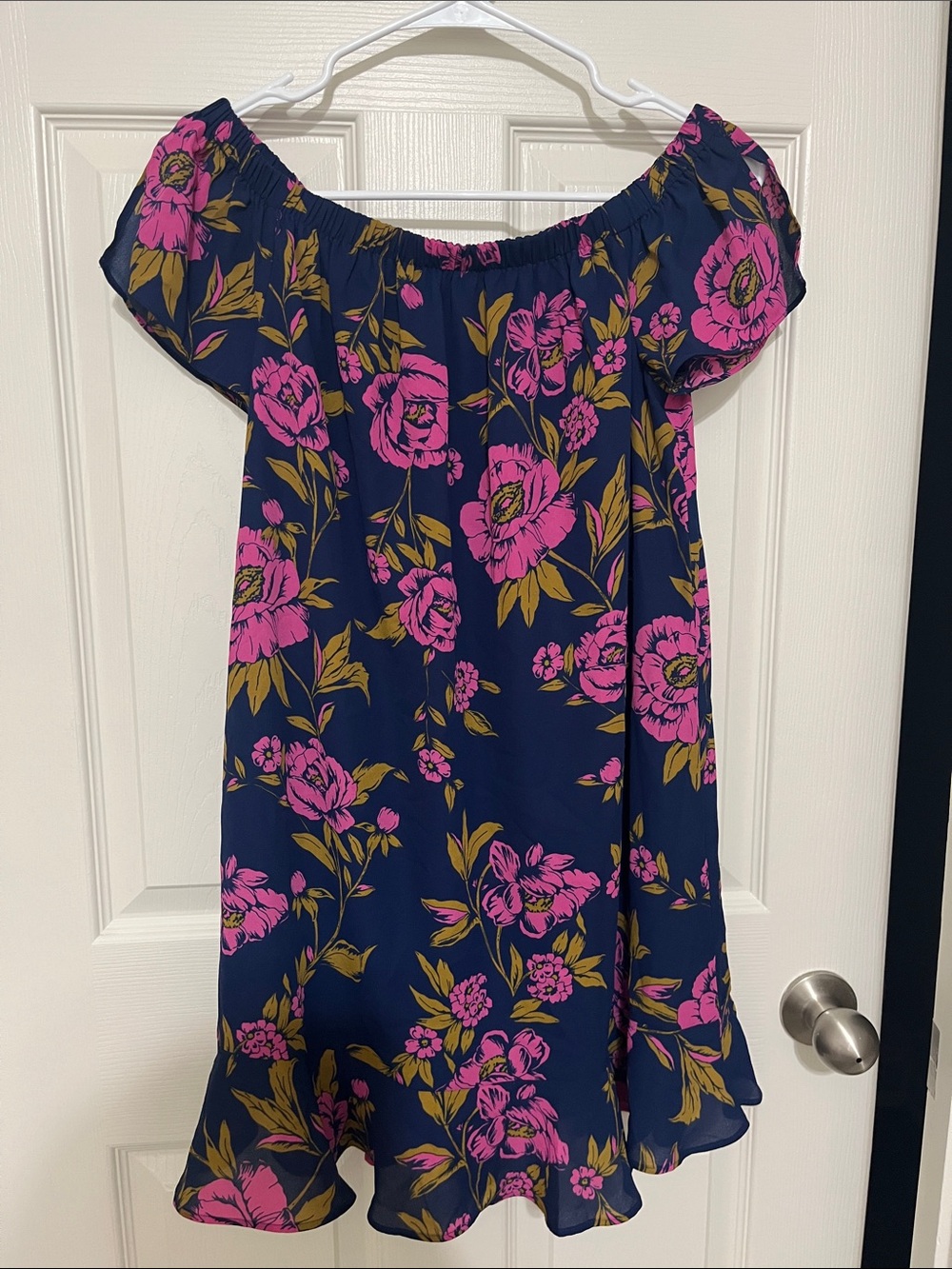 Express Women’s Navy Off-Shoulder Dress with Pink Floral Print